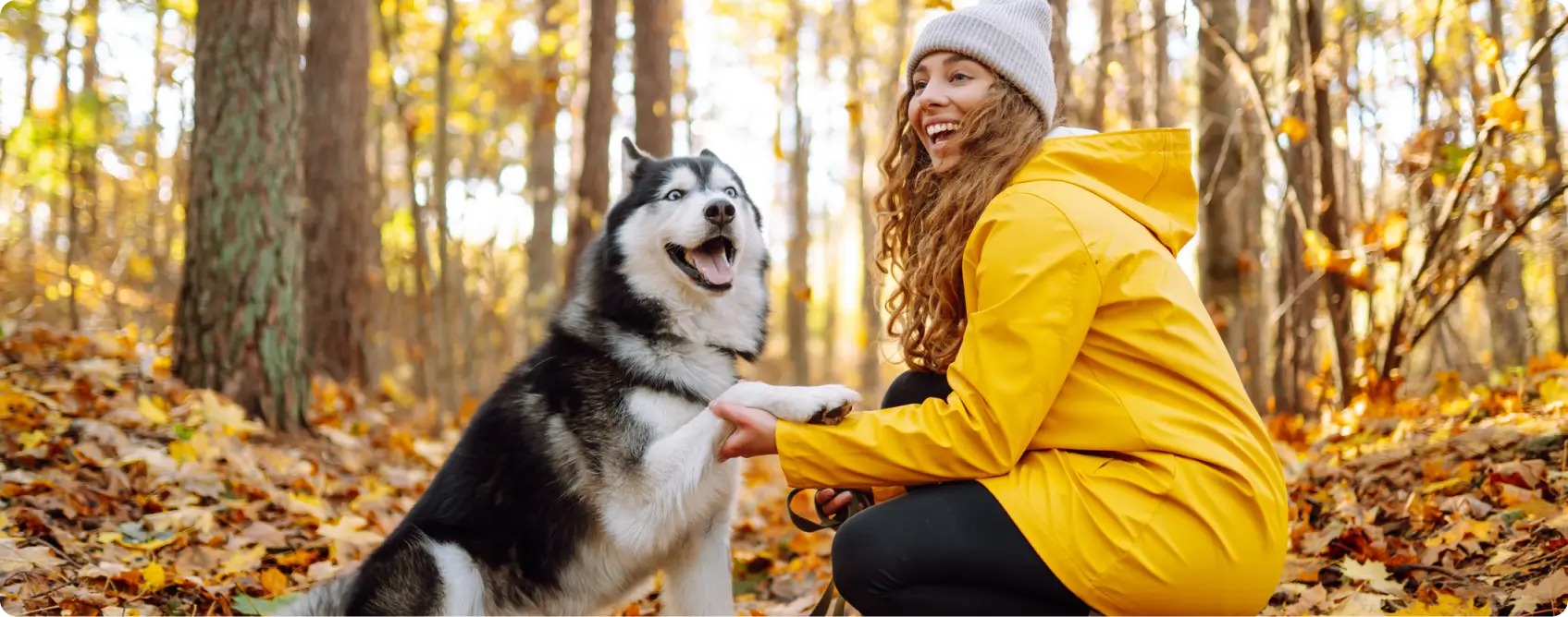 A woman in yellow jacket petting a dog.