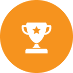 A trophy with a star on it in the middle of an orange circle.